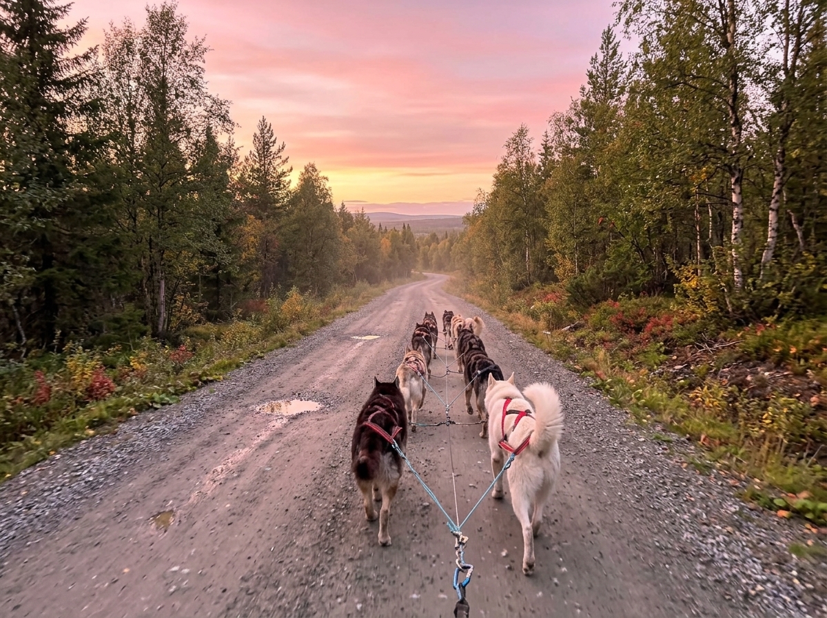 hundespann på vei nedover skogen